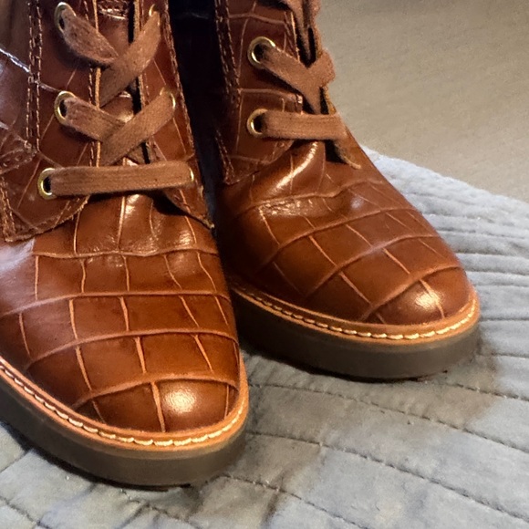 Naturalizer Brown Croc-Embossed Lace-Up Block Heel Boots - Picture 4 of 10